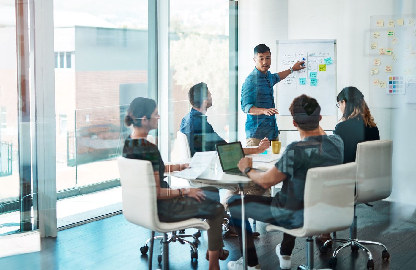 Team working through a plan on a whiteboard